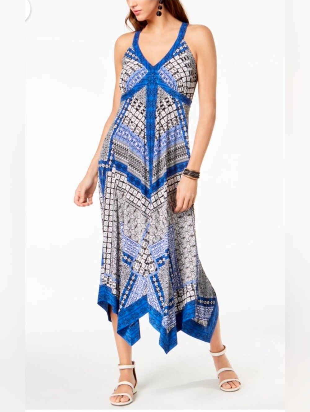 INC International Concepts Blue Printed Asymmetrical Handkerchief Hem Maxi Dress